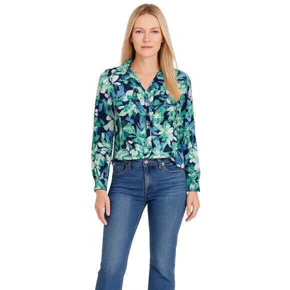 NWT White House Black Market Blouse XS Long Sleeve Blue Green Floral #WHBM2 - Picture 1 of 9